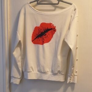 White Sweatshirt with Red Lip Print